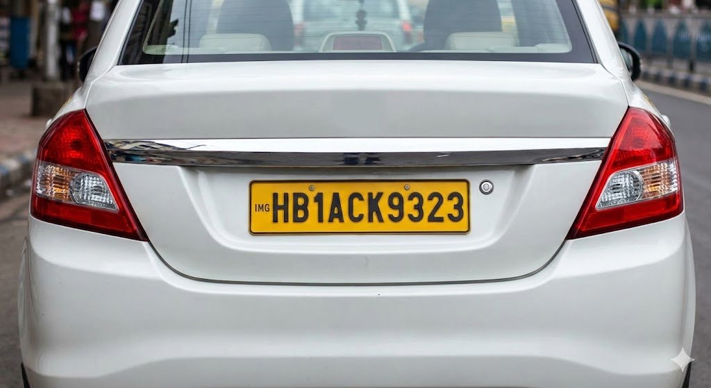 a close up of a car's rear showing a yellow commercial license plate, indicating a legally registered cab service.
