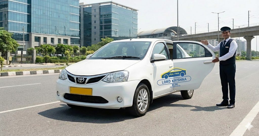 a professional cab service in noida with a uniformed driver standing next to a white sedan, ready for a passenger.