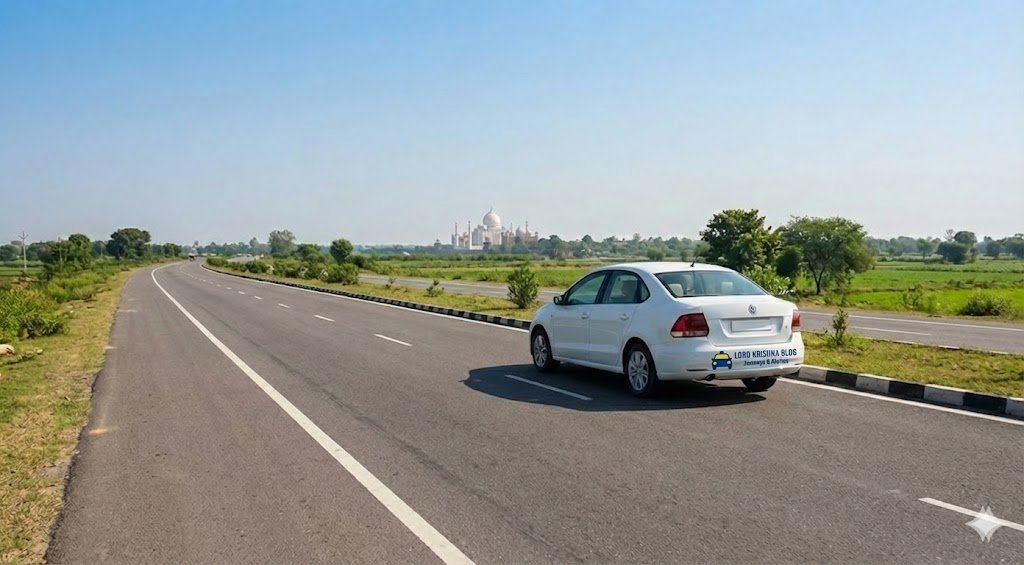 a white sedan on a highway with the taj mahal visible in the distance, representing outstation travel and weekend getaways.